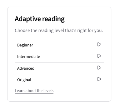 adaptive reading levels: beginner, intermediate, advanced